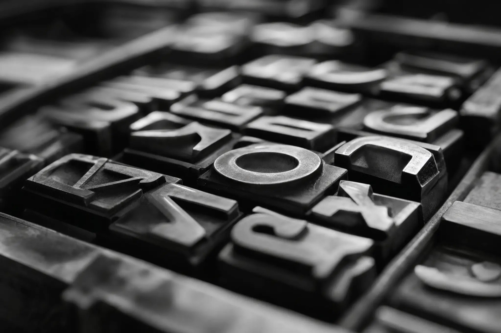 Close-up of metal letterpress type blocks